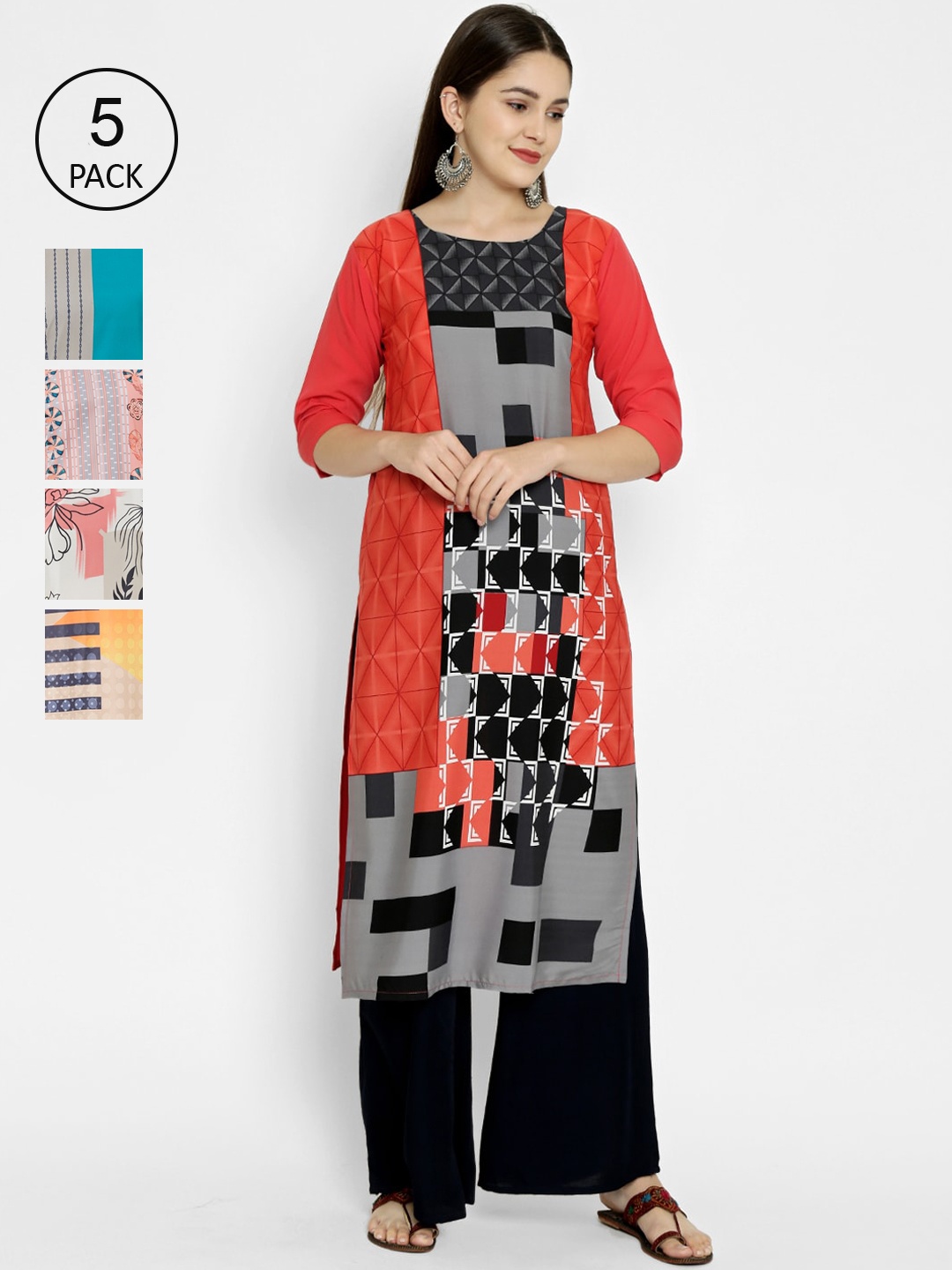 

7Threads Pack Of 5 Geometric Printed Crepe Kurta, Multi