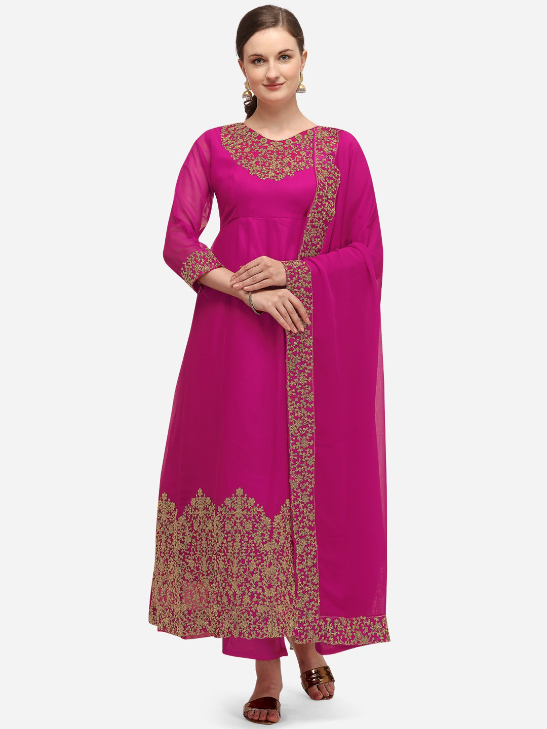 

Florence Magenta & Gold-Coloured Floral Embroidered Semi-Stitched Dress Material