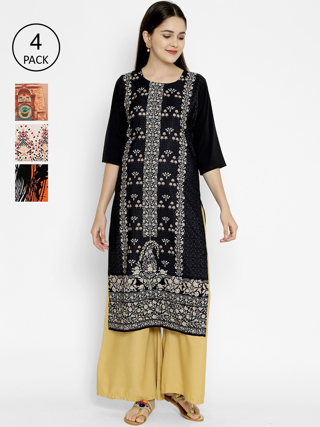 

7Threads Pack Of 4 Multicoloured Printed Crepe Kurta, Multi