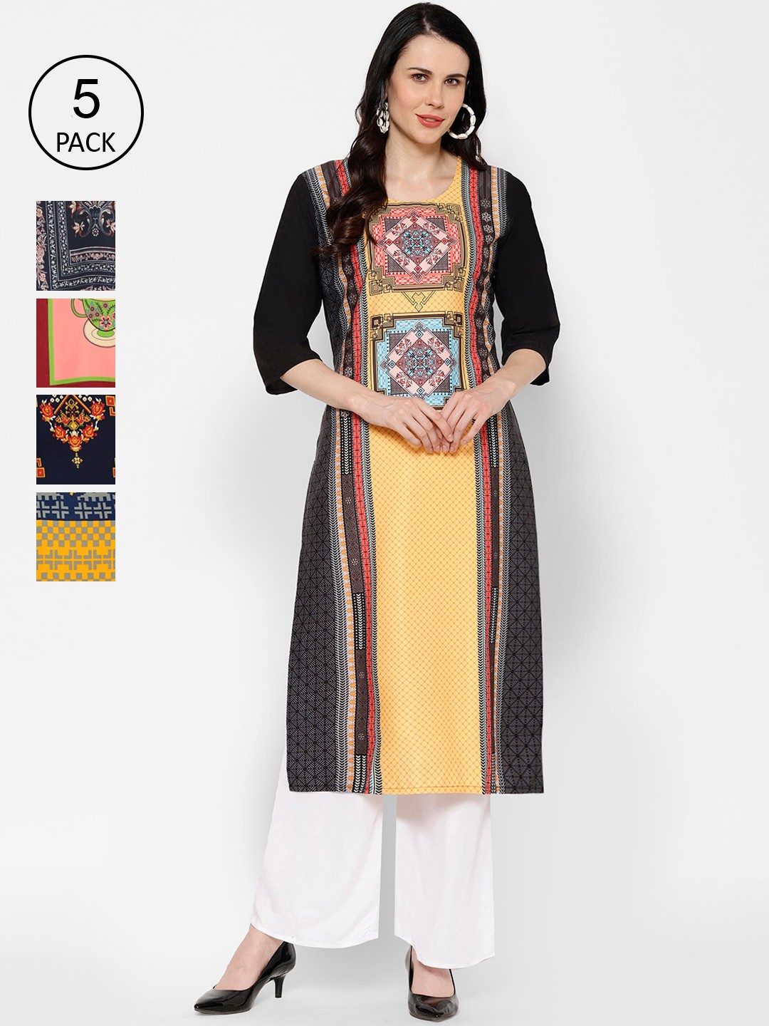

7Threads Multicoloured Pack of 5 Ethnic Motifs Printed Floral Crepe Kurta, Multi