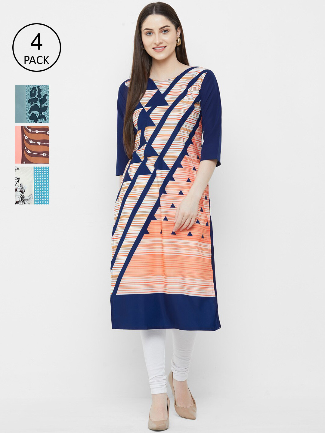 

7Threads Multicoloured Pack of 4 Geometric Printed Crepe Kurta, Multi