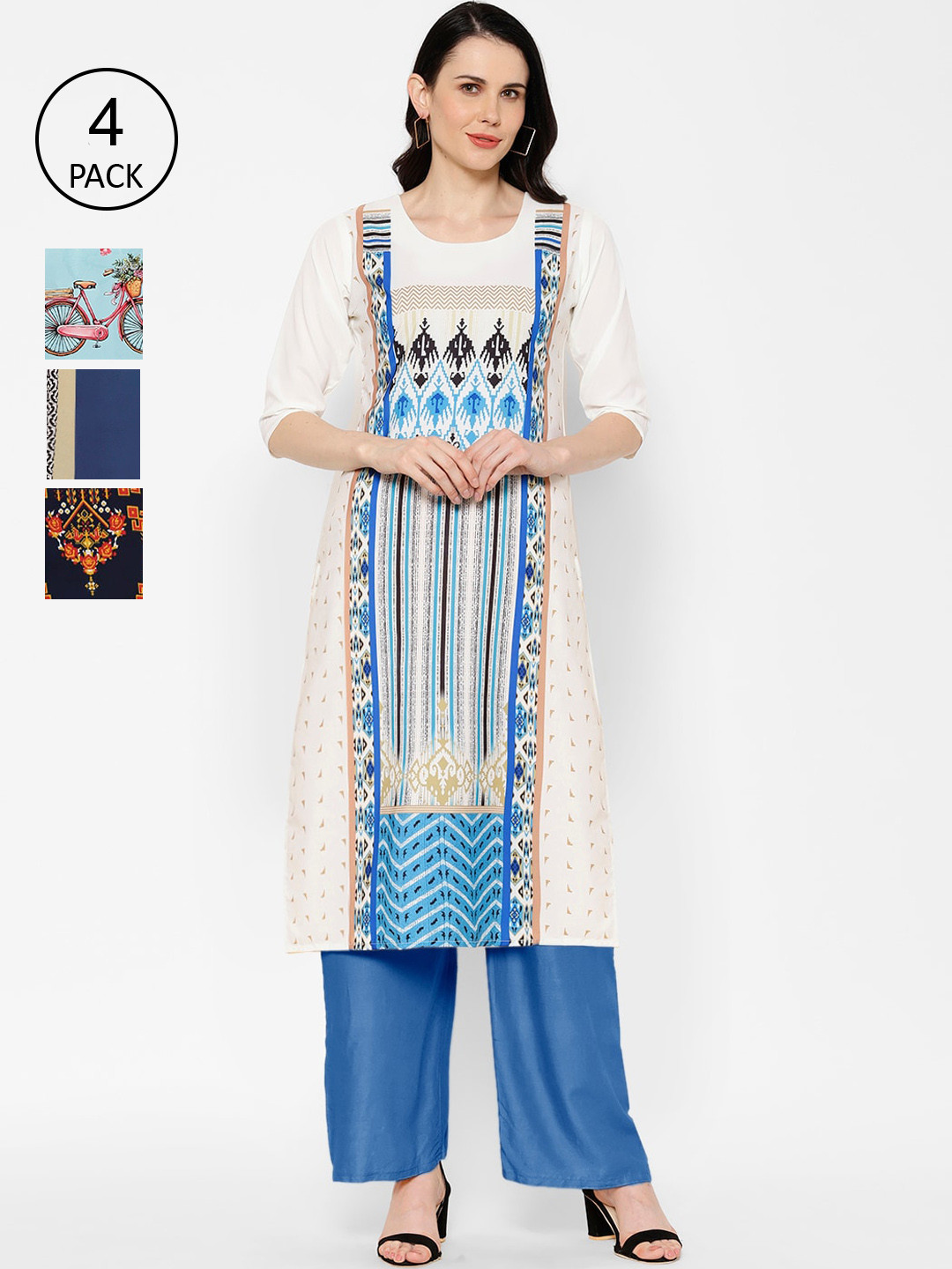 

7Threads Women Multicoloured Printed Crepe Kurta Pack of 4, Multi