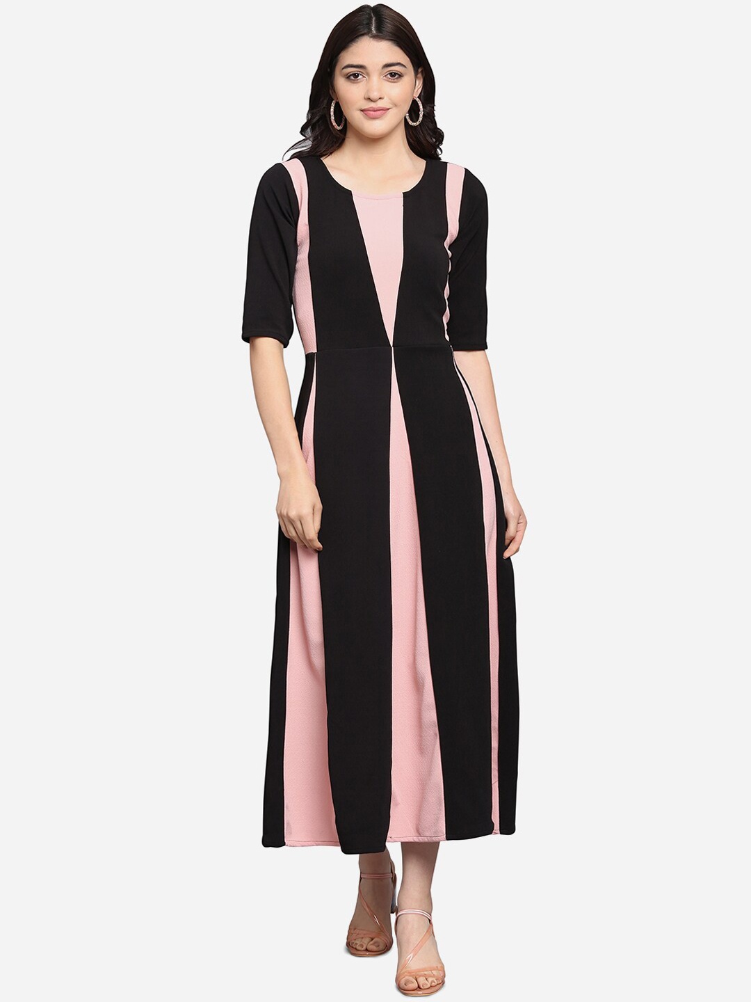 

PURVAJA Women Black & Pink Colourblocked A-Line Dress