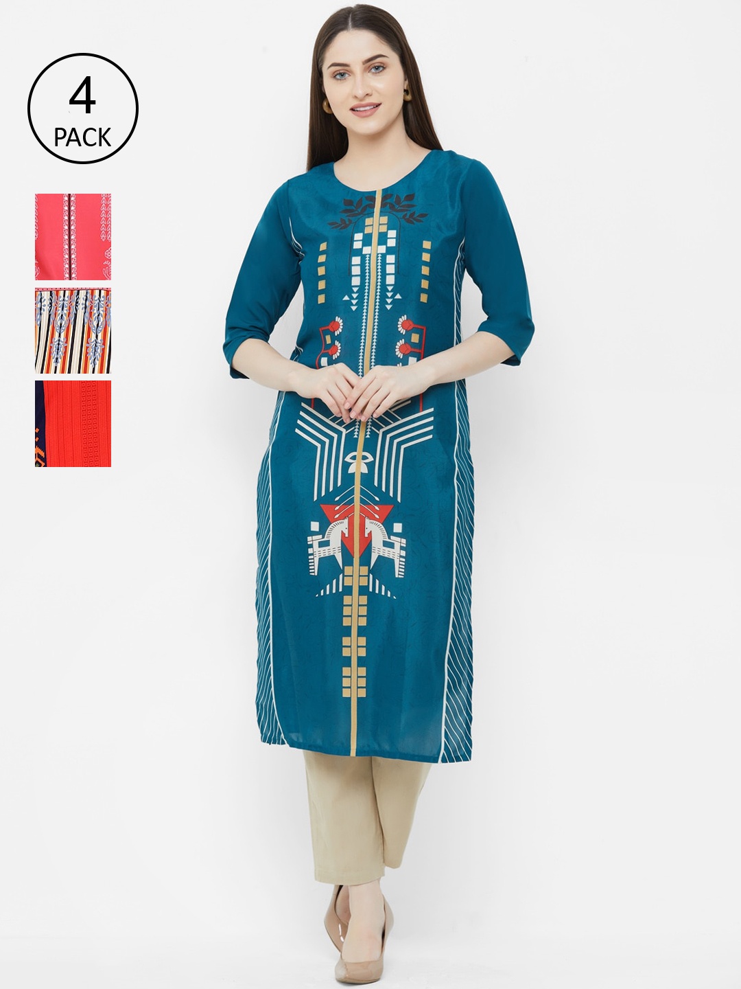 

7Threads Women Multicoloured Set of 4 Printed Straight Kurta, Multi