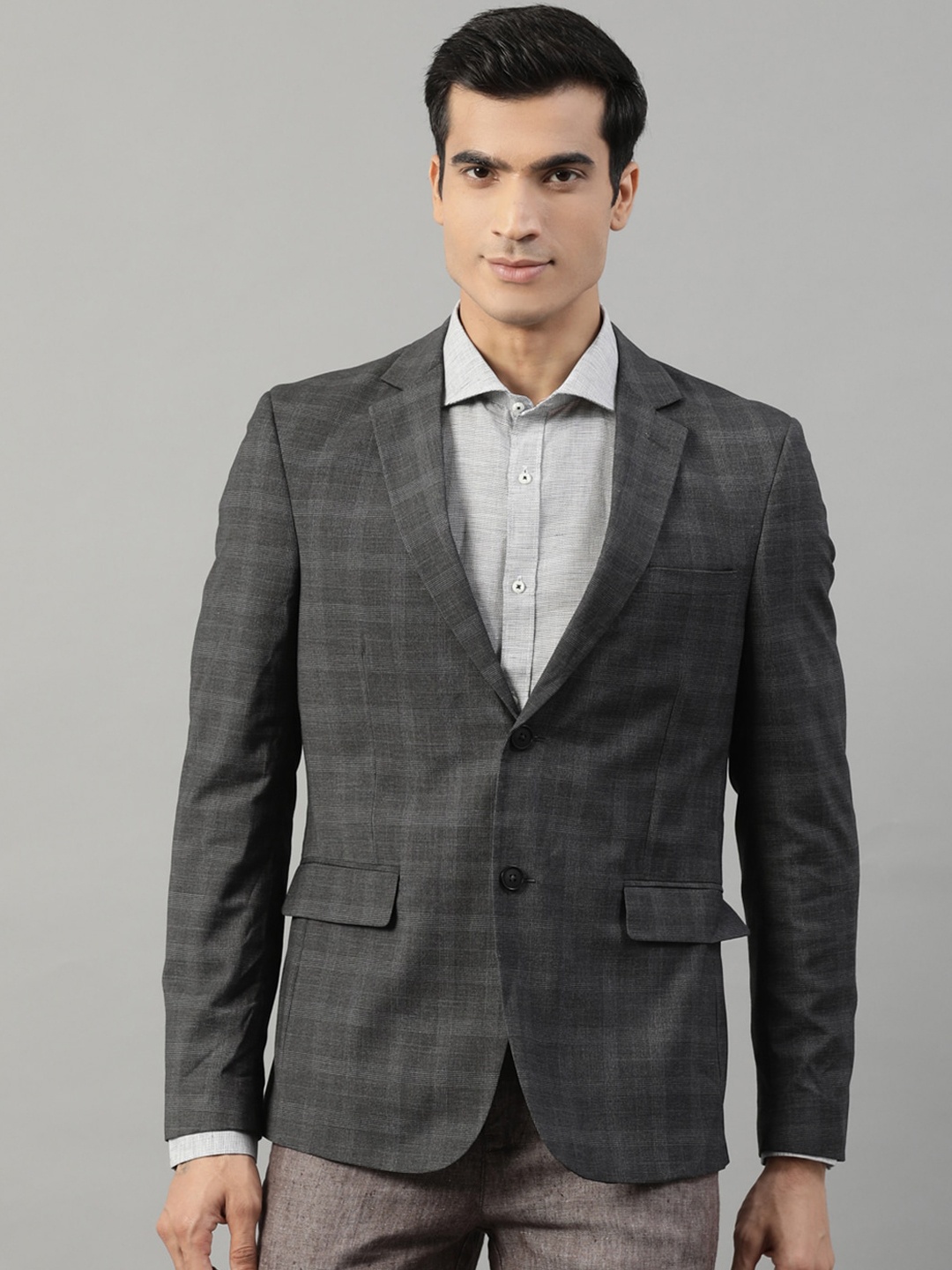 

HARSAM Men Grey Checked Single-Breasted Formal Blazer