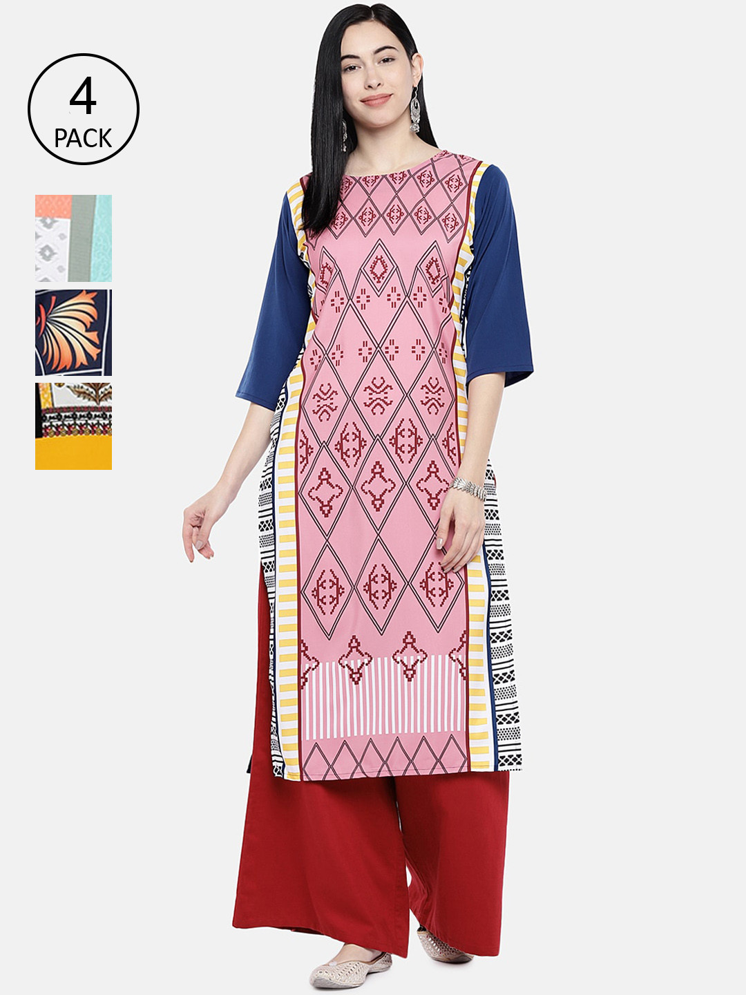 

7Threads Women Pack Of 4 Multicoloured Geometric Printed Crepe Kurtas, Multi