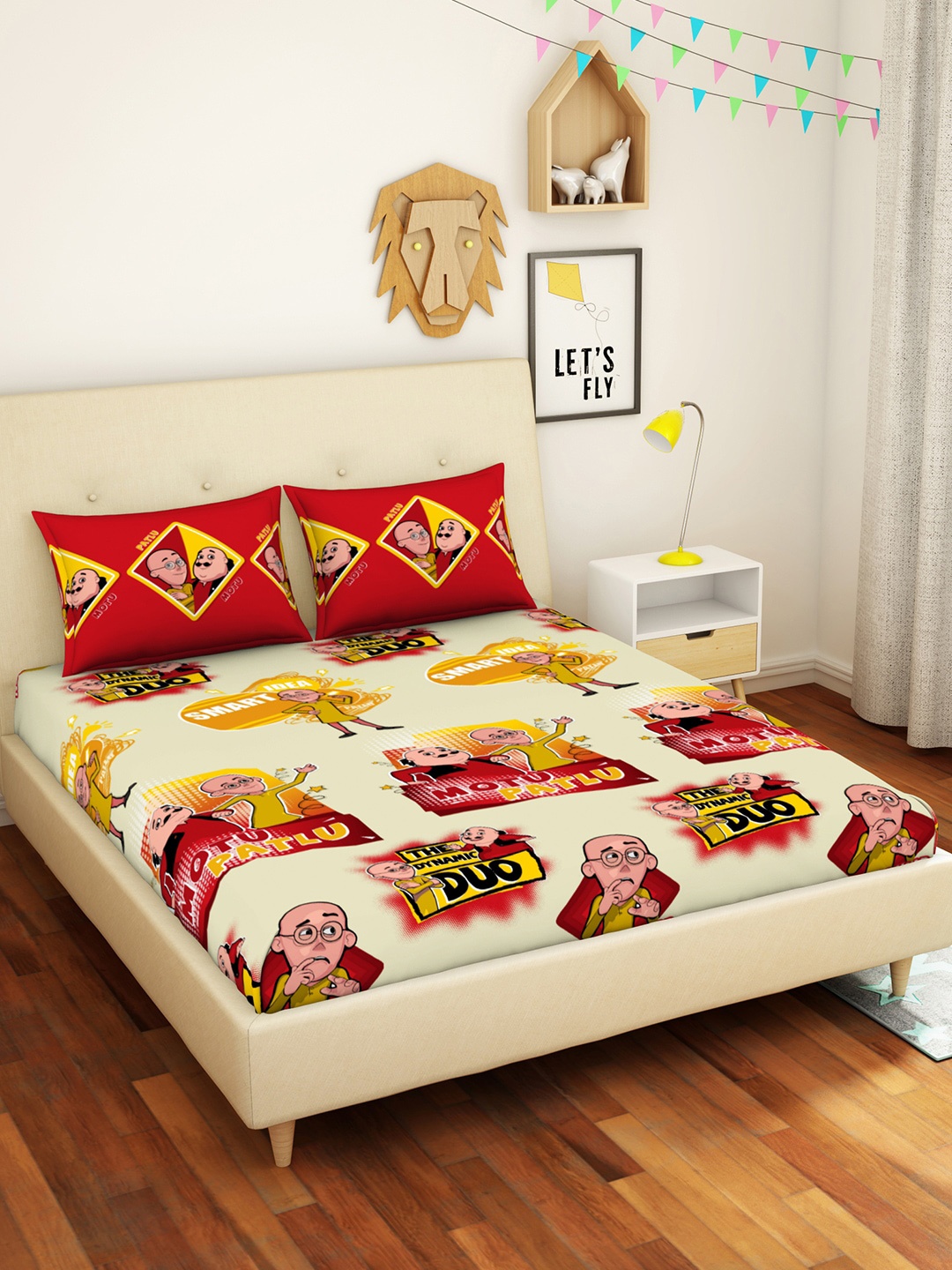 

CORE Designed by SPACES Viacom Motu Patlu Grey 144 TC Pure Cotton Double Bedsheet, Red