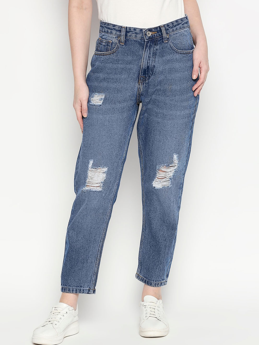 

People Women Blue Boyfriend Fit High-Rise Mildly Distressed Jeans