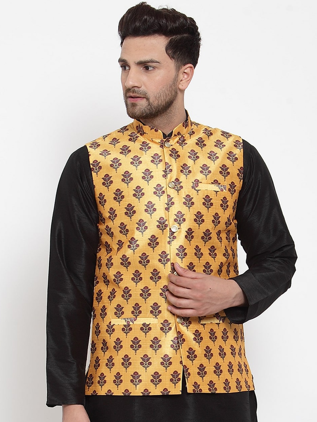 

GRACIT Men Yellow & Maroon Printed Nehru Jacket