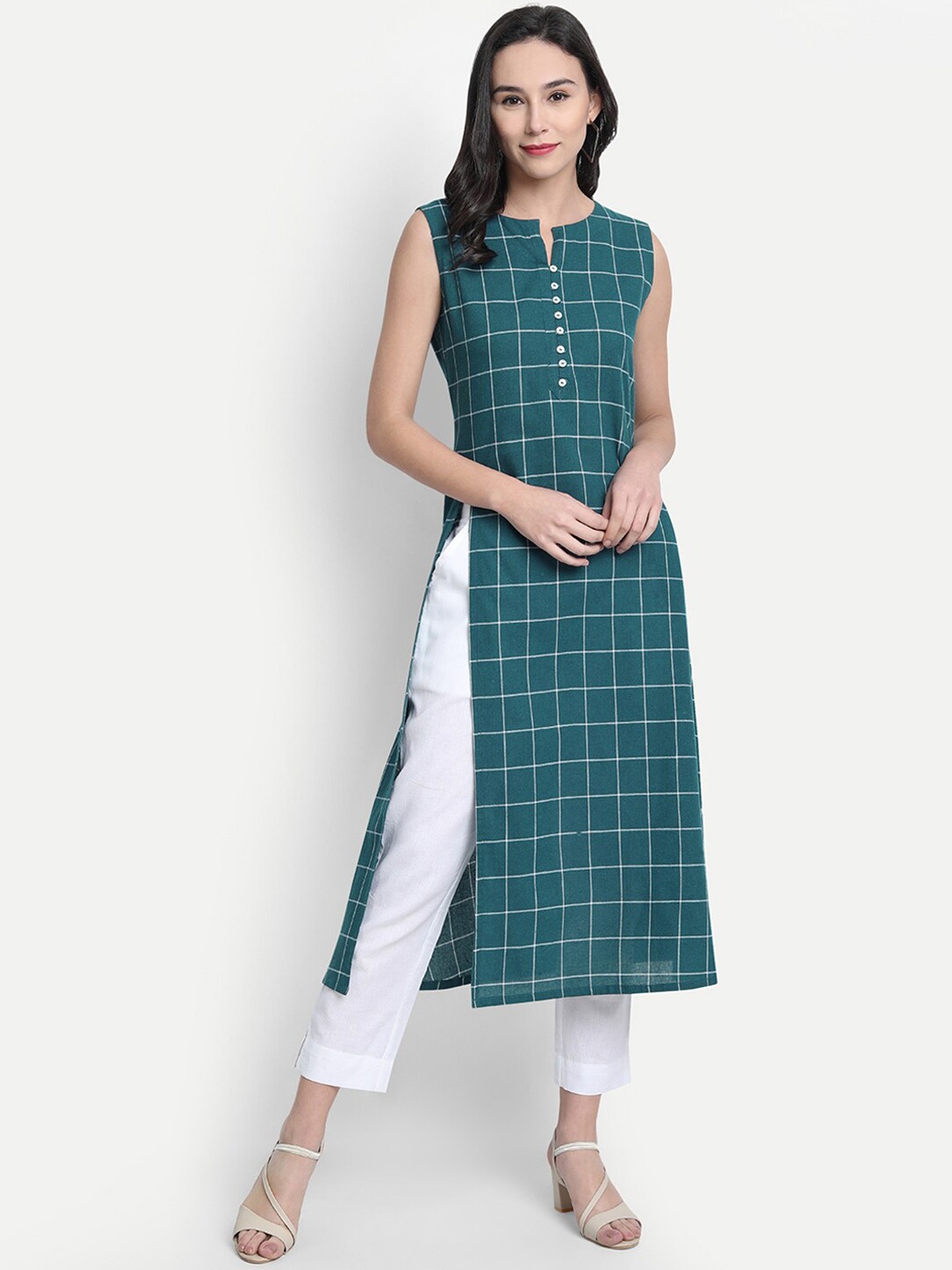 

Janasya Women Green & Off-White Checked Kurta