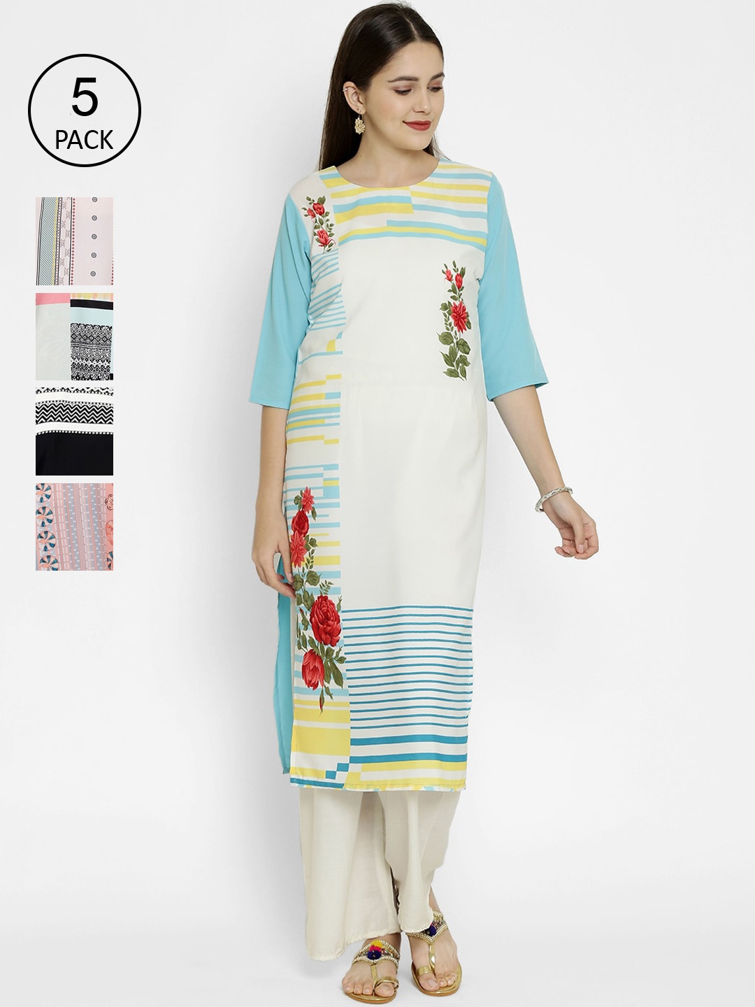 

7Threads Pack Of 5 Digital Printed Crepe Kurtas, Multi