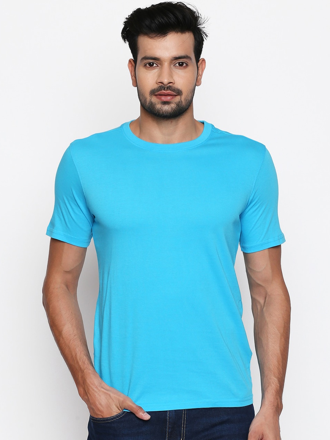 BYFORD by Pantaloons Men Blue Solid Round Neck Cotton Pure Cotton T-shirt