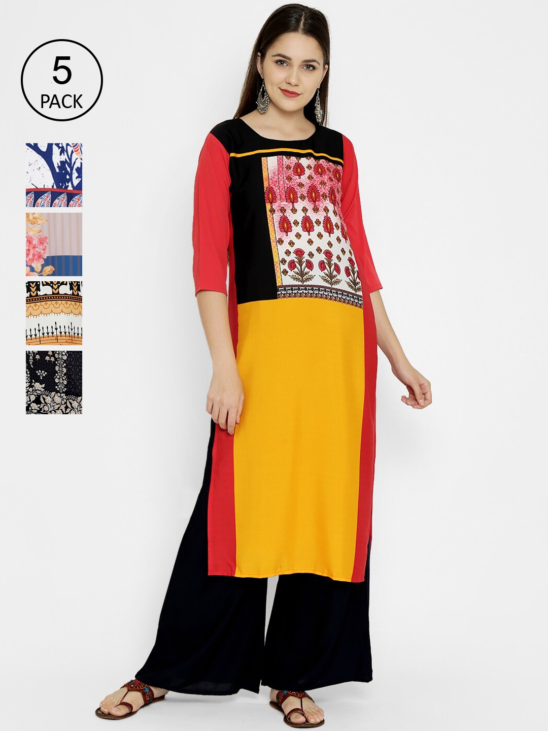 

7Threads Women Multicoloured Ethnic Motifs Printed Crepe Kurta Pack of 5, Multi