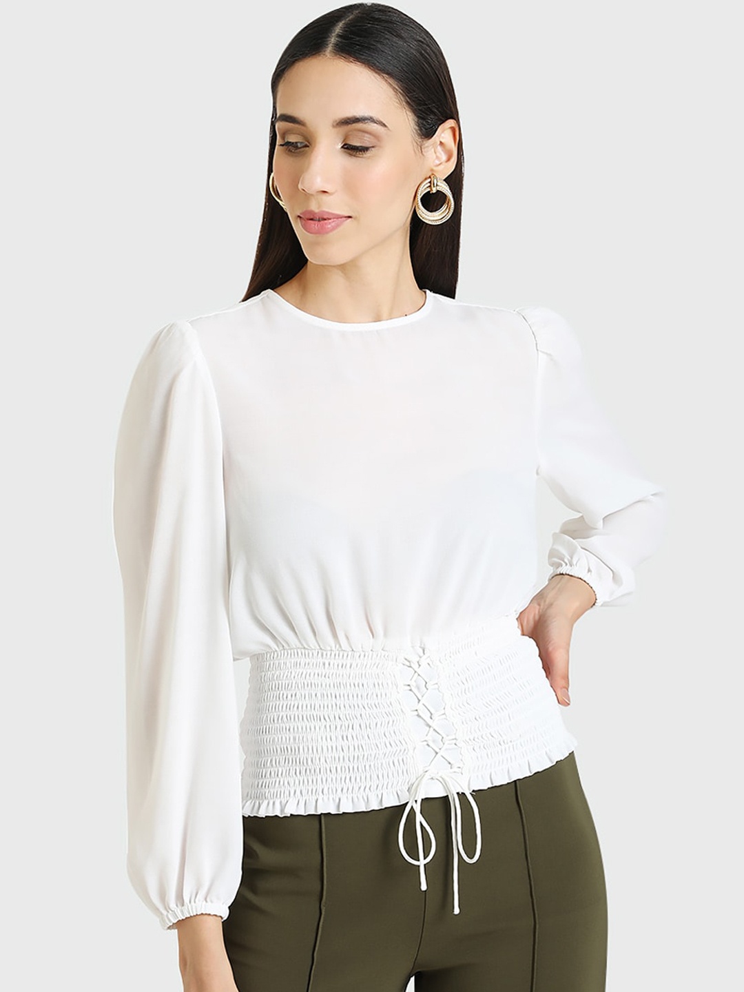 

Kazo White Puff Sleeves Cinched Smocked Waist Top