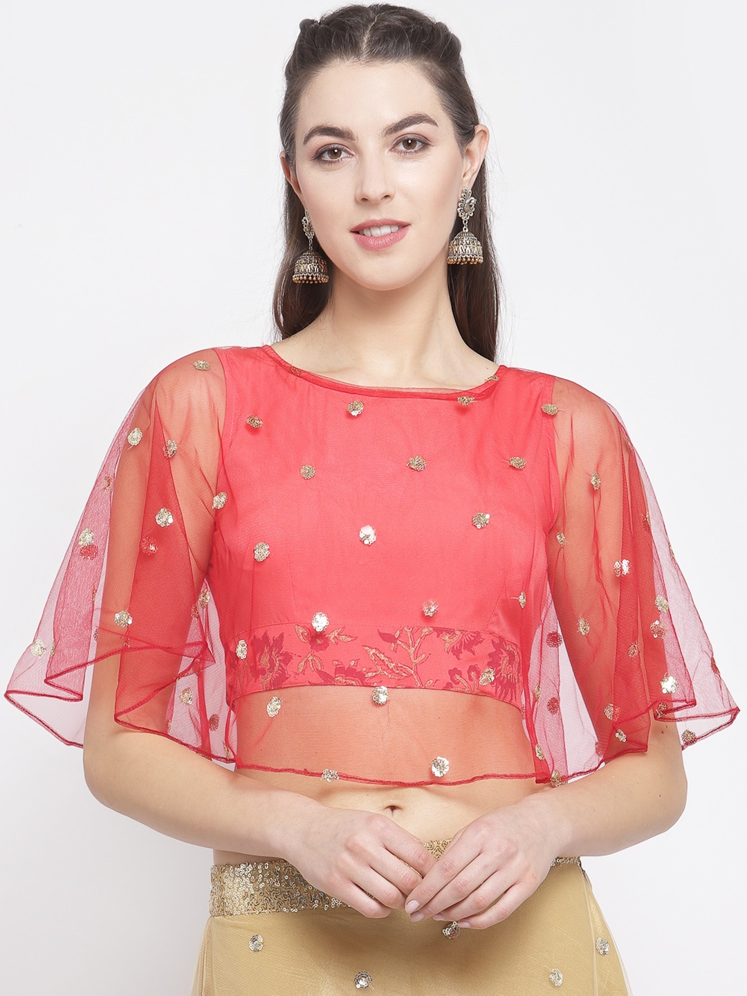 

studio rasa Red & Gold-Coloured Geometric Embellished Cape Sleeves Net Crop Top