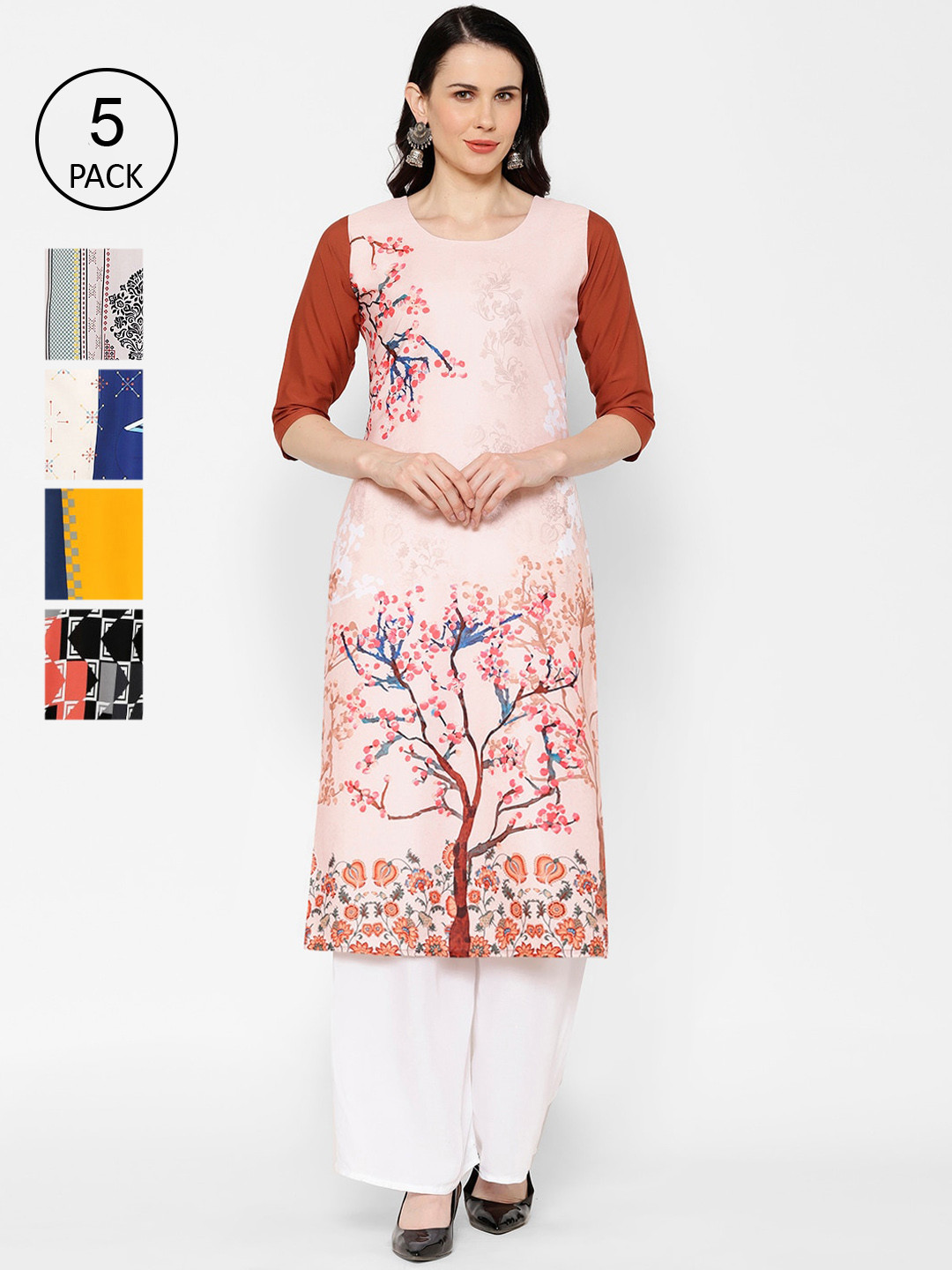 

7Threads Women Multicoloured Ethnic Motifs Printed Crepe Kurta Pack of 5, Multi