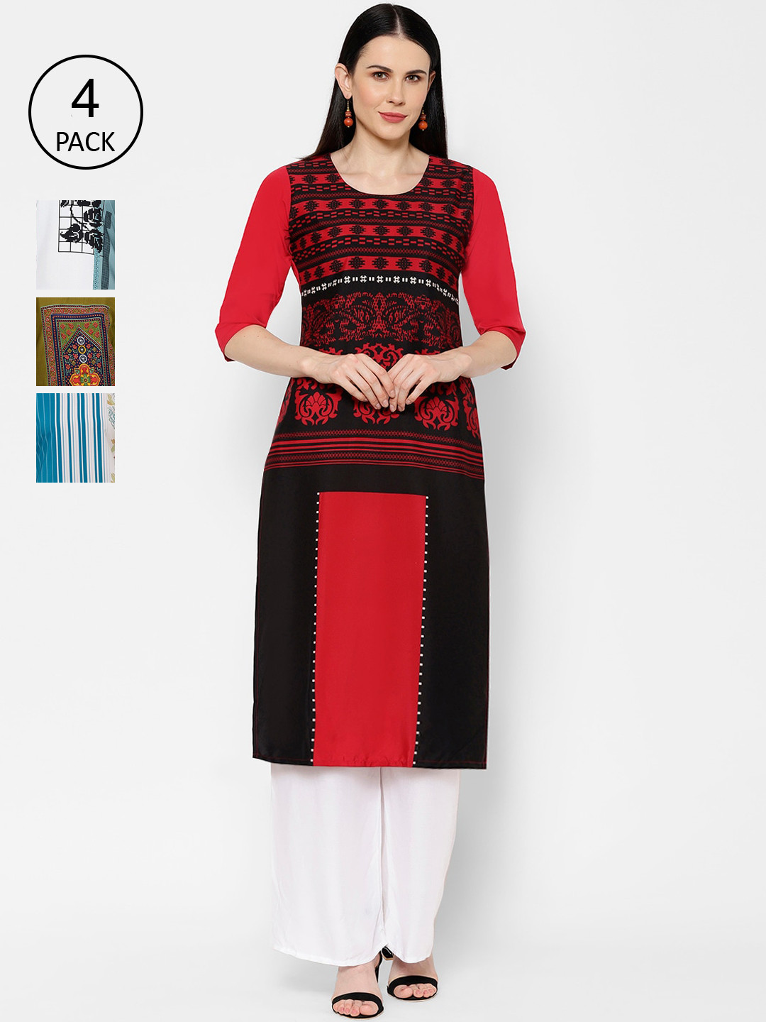 

7Threads Pack of 4 Ethnic Motifs Printed Crepe Kurta, Multi