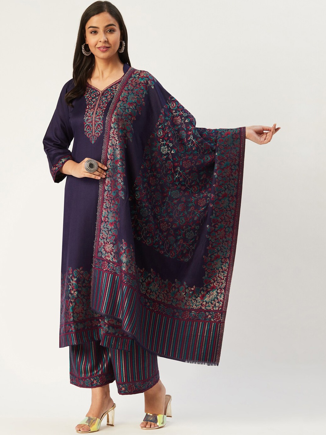 

Safaa Women Navy Viscose Acrylic Wool Woven Unstitched Suit With Heavy Kani Zari Dupatta For Winter, Navy blue