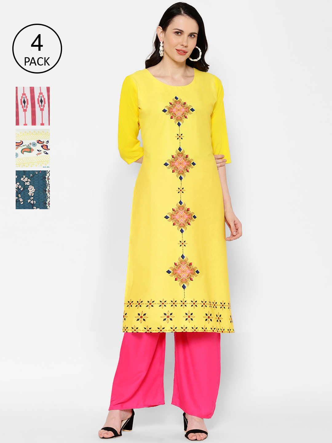 

7Threads Women Pack of 4 Multicoloured Ethnic Motifs Printed Kurtas, Multi