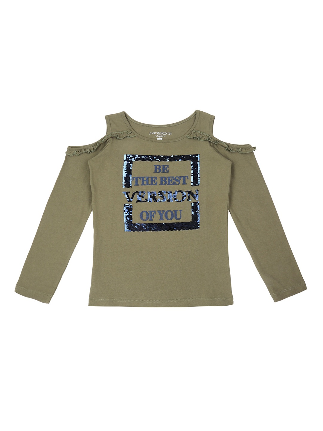 

Pantaloons Junior Girls Olive Green Printed Round Neck Pure Cotton T-shirt