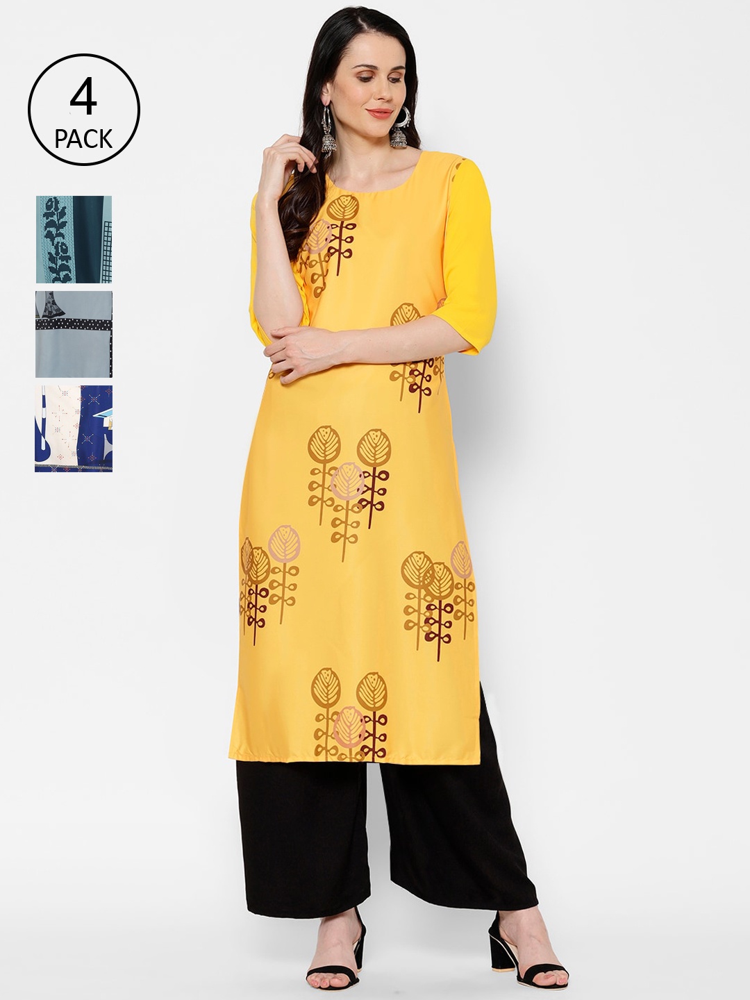 

7Threads Multicoloured Pack of 4 Ethnic Motifs Printed Crepe Kurta, Multi