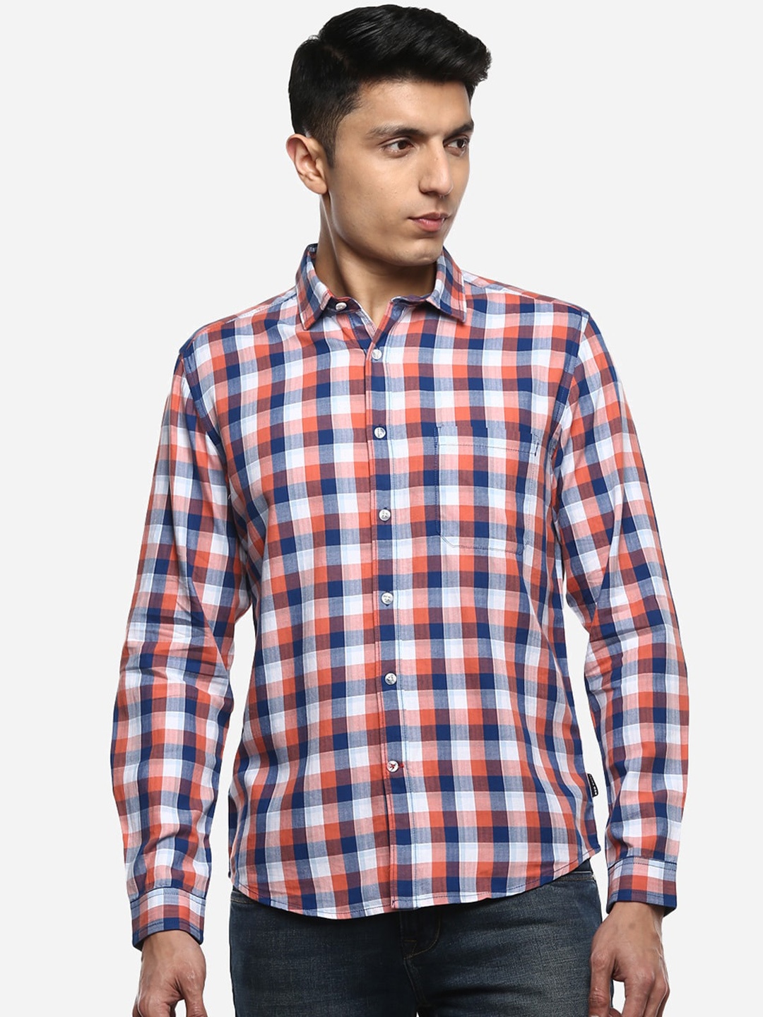 

Red Chief Men Orange & Blue Slim Fit Checked Casual Shirt