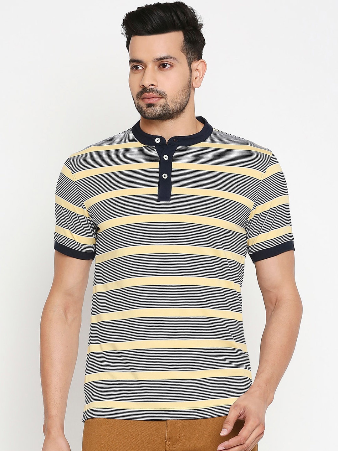 

BYFORD by Pantaloons Men Yellow Striped Henley Neck Pure Cotton T-shirt
