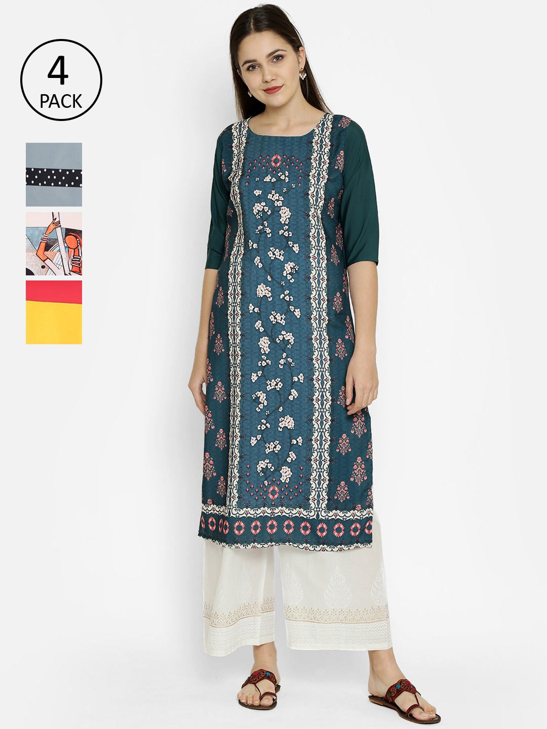 

7Threads Pack Of 4 Ethnic Motifs Printed Crepe Kurta, Multi