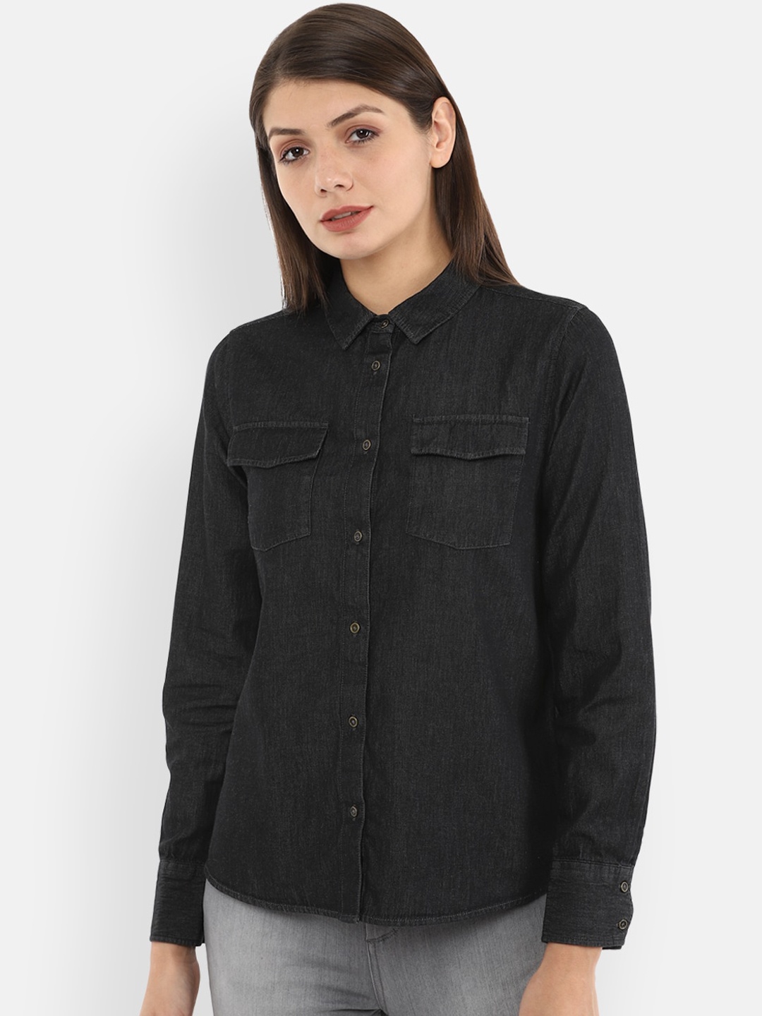 

Van Heusen Woman Women Black Regular Fit Solid Cotton Casual Shirt