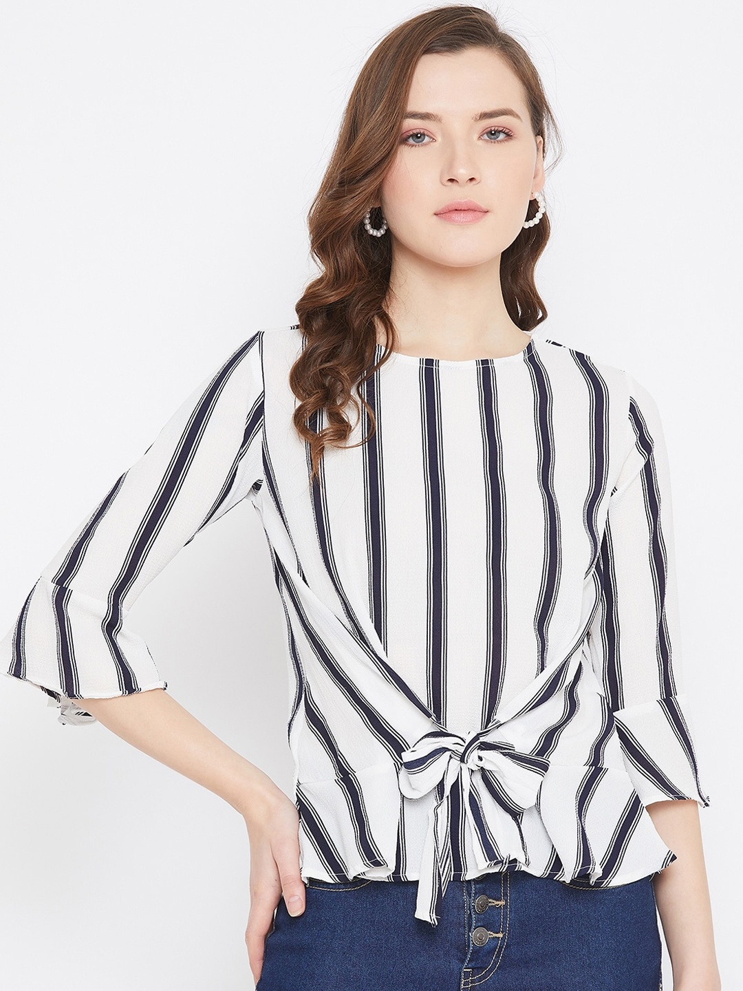 

Octave White & Navy Blue Striped Bell Sleeves Georgette Top