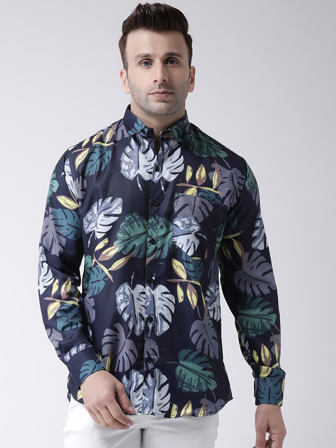 

hangup trend Men Navy Blue & Green Slim Fit Floral Printed Casual Shirt