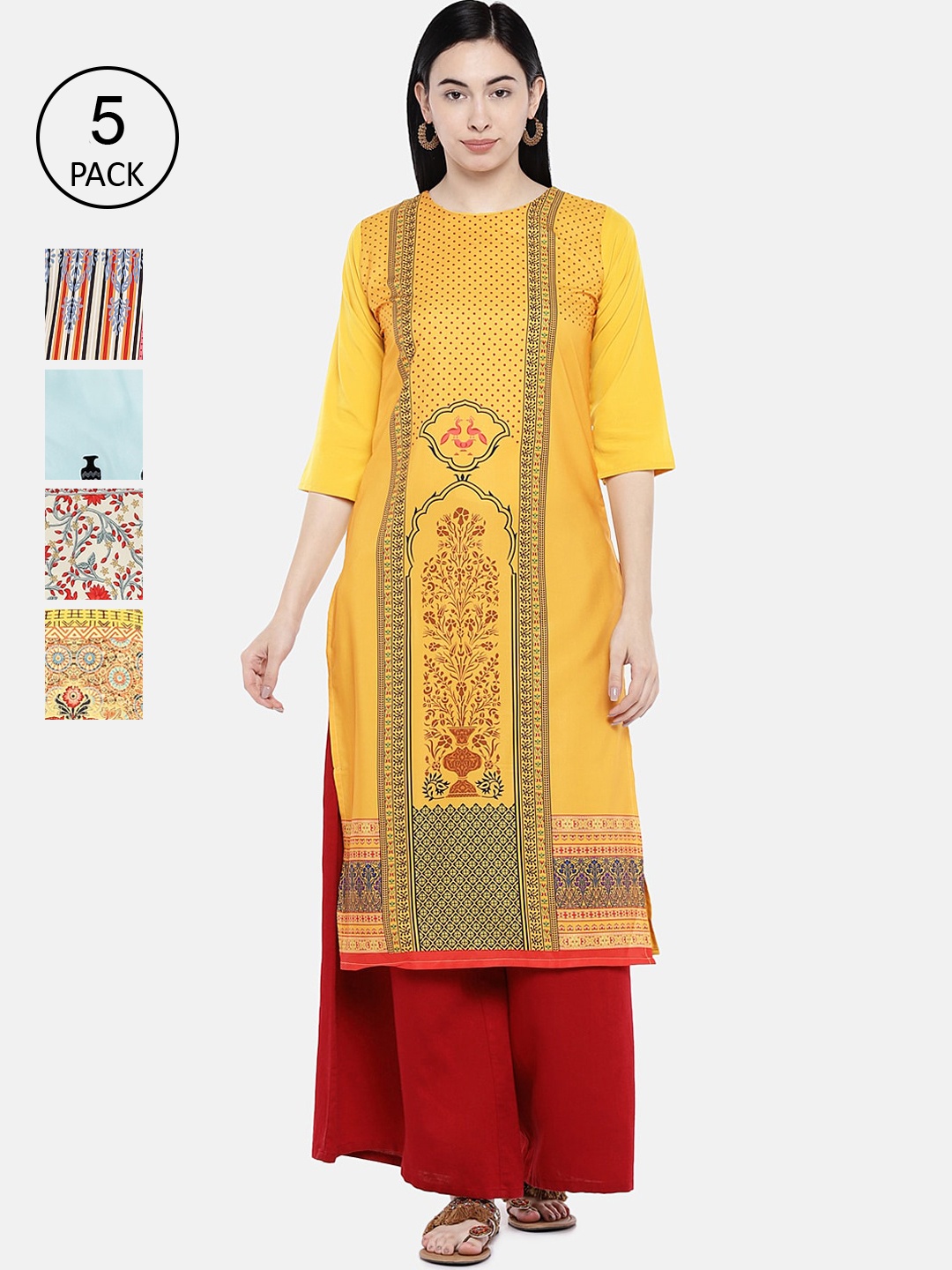 

7Threads Pack of 5 Floral Printed Crepe Kurta, Multi