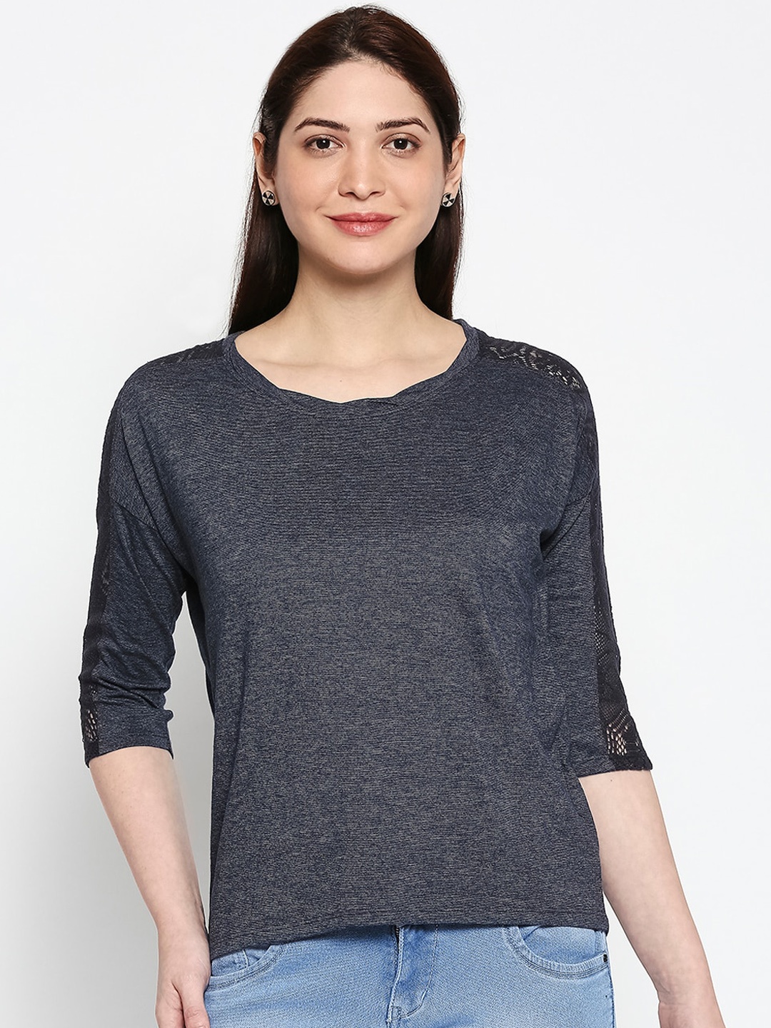 

People Women Navy Blue Striped Pure Cotton Regular Top