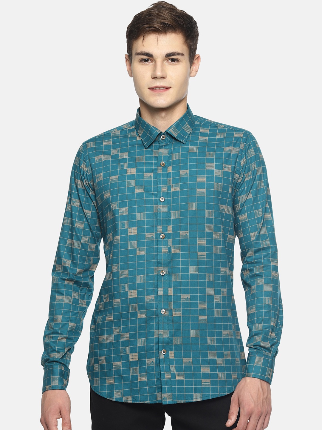 

COUPER & COLL Men Green Slim Fit Checked Cotton Casual Shirt