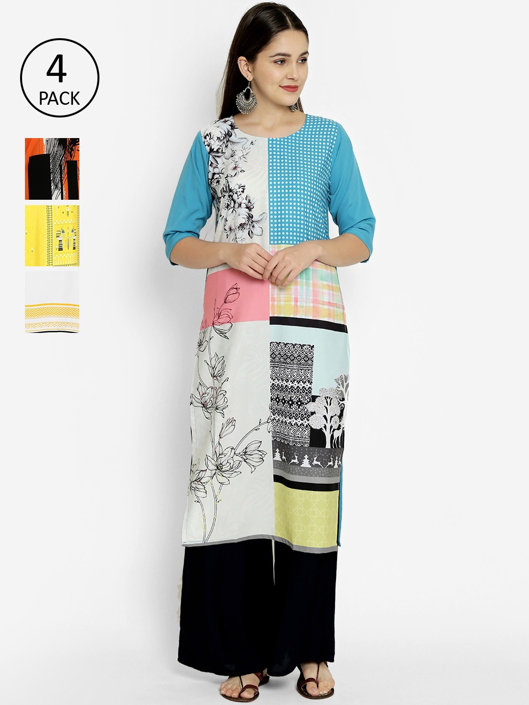 

7Threads Women Multicoloured Printed Crepe Kurta Set of 4, Multi