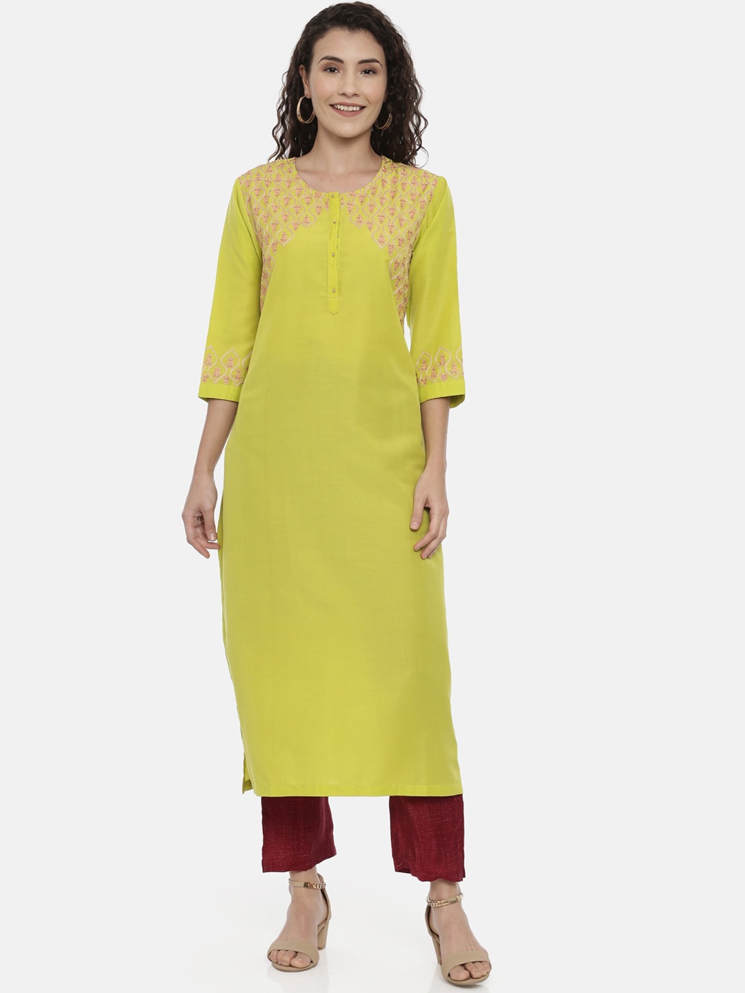 

Neerus Women Yellow Yoke Design Thread Work Kurta