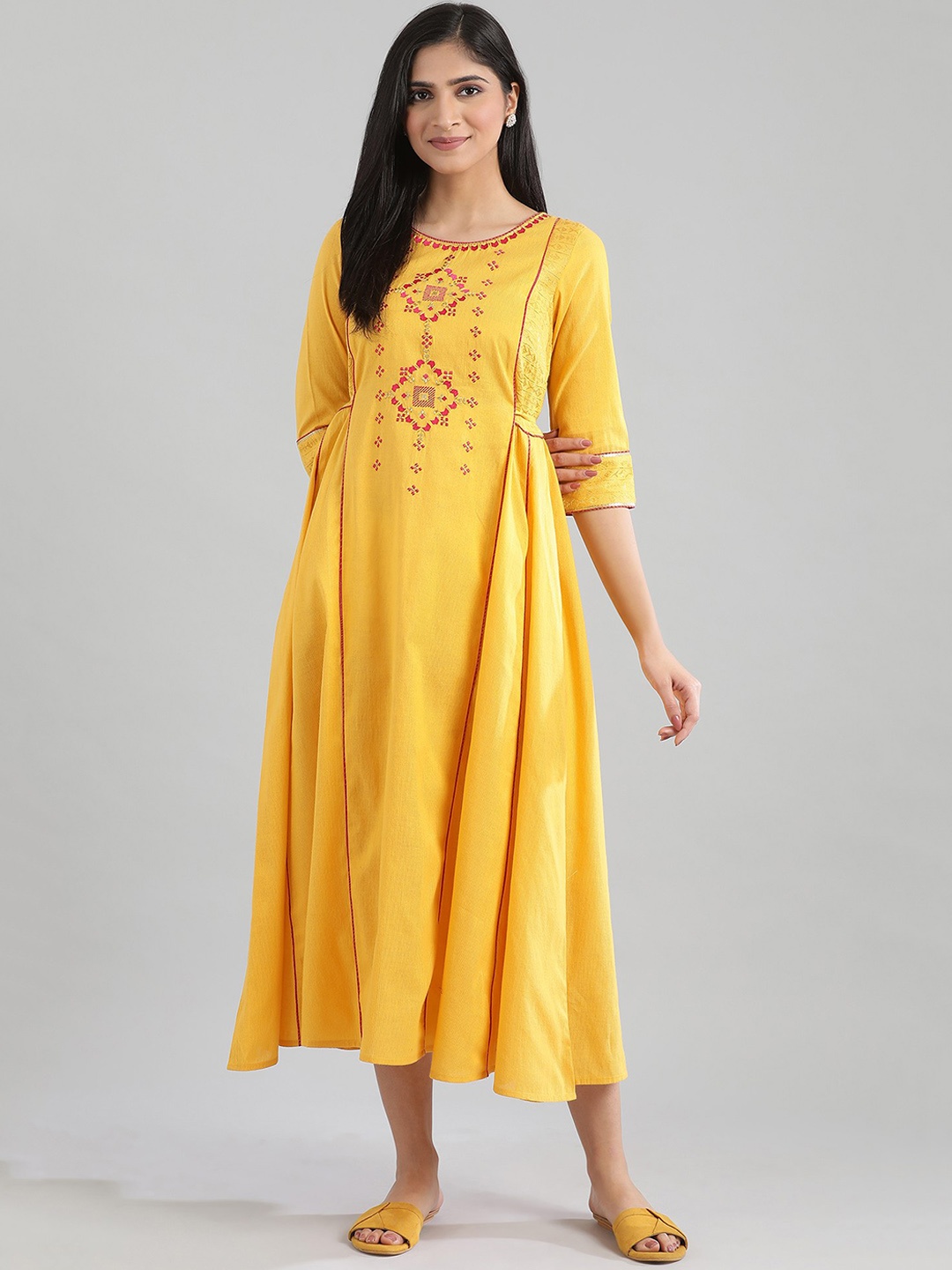 AURELIA Women Yellow Embroidered A-Line Dress
