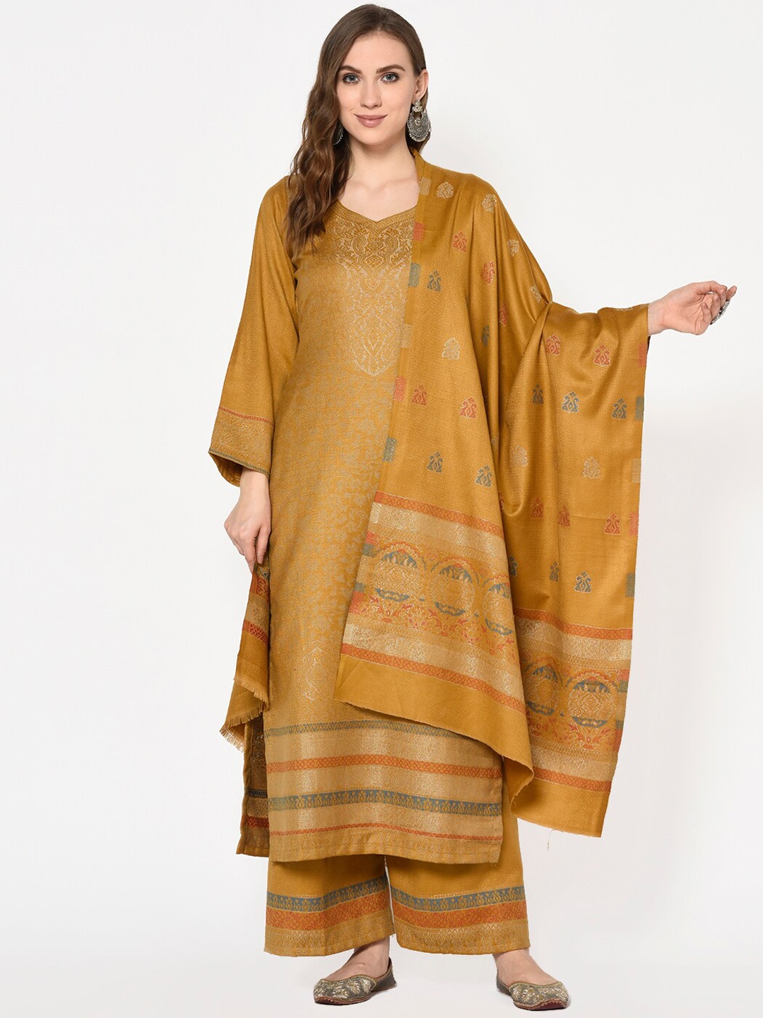 Safaa Women Mustard Viscose Acrylic Woven Design Suit Unstiched Dress Material For Winter