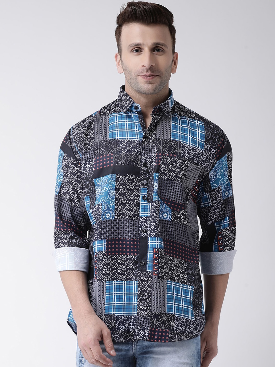 

hangup trend Men Black & Blue Slim Fit Floral Printed Casual Shirt
