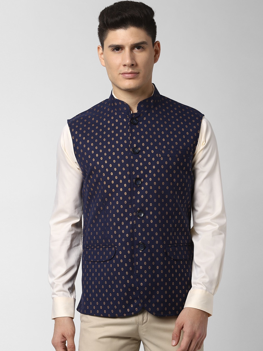 

Peter England Elite Men Navy Blue Printed Nehru Jacket