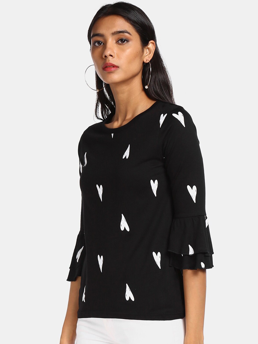 

Sugr Women Black & White Printed Bell Sleeves Monochrome Regular Top