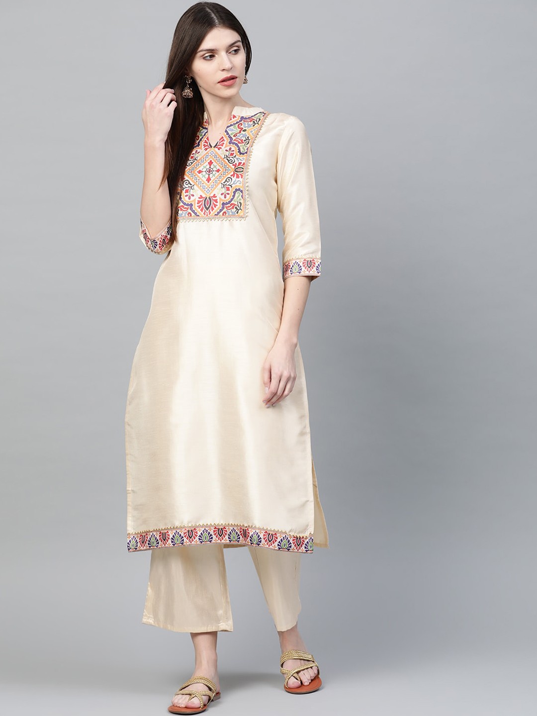 

ZIYAA Women Cream-Coloured Yoke Design Kurta with Trousers