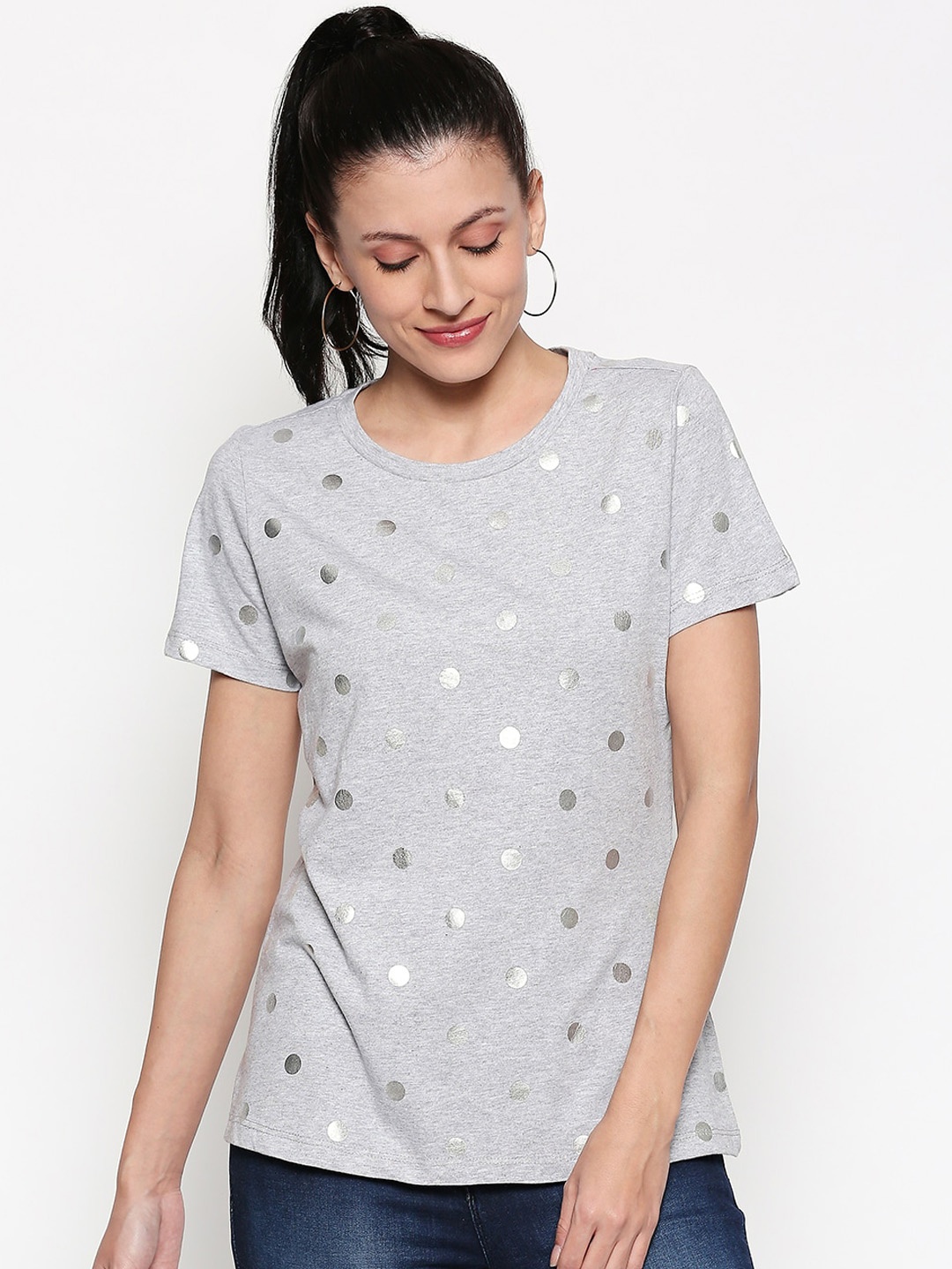 

Honey by Pantaloons Women Grey Melange Printed Round Neck T-shirt