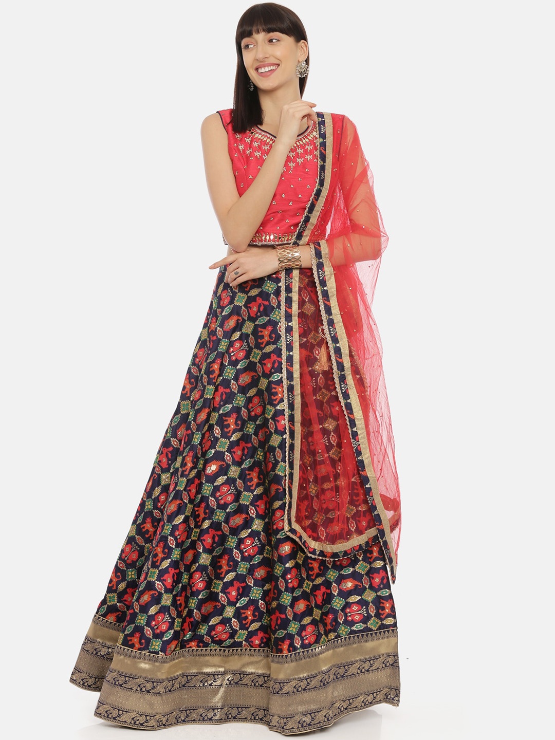 

Neerus Red & Navy Blue Embellished Ready to Wear Lehenga & Blouse with Dupatta