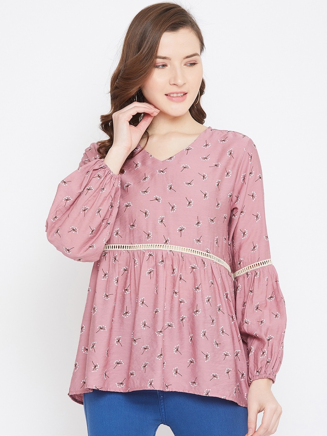 

Octave Pink & White Floral Printed Puff Sleeves Empire Top