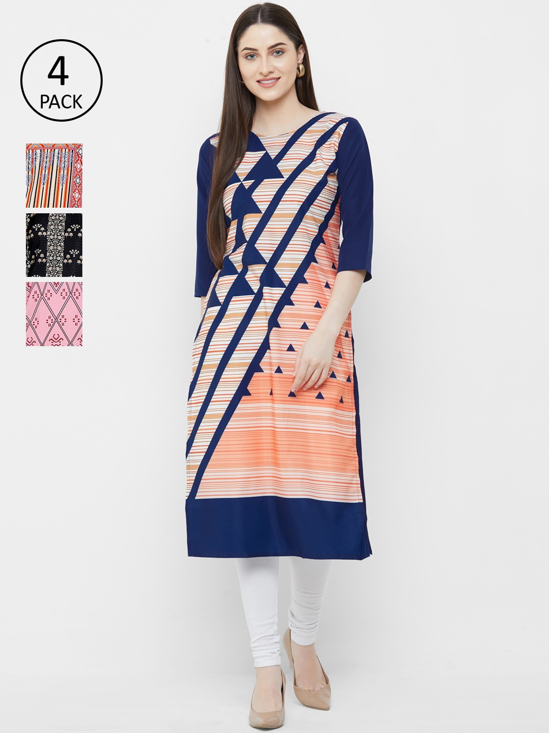 

7Threads Multicoloured Pack of 4 Geometric Printed Crepe Kurta, Multi