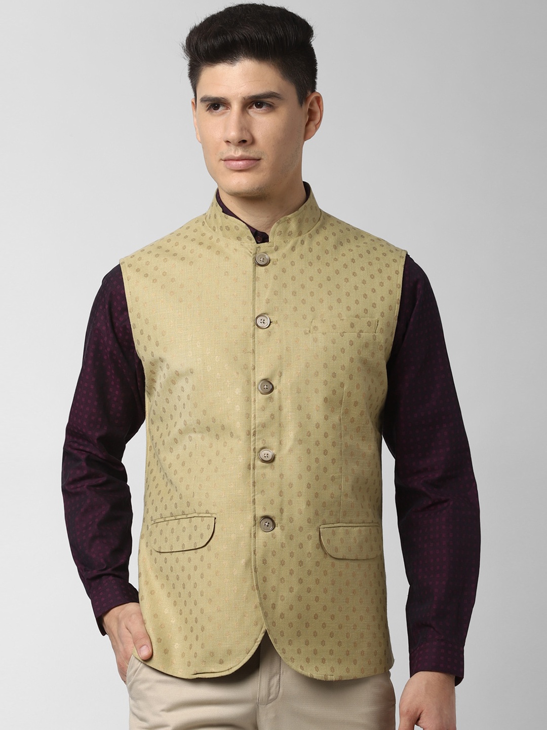 Peter England Elite Men Beige & Gold-Coloured Printed Waistcoat