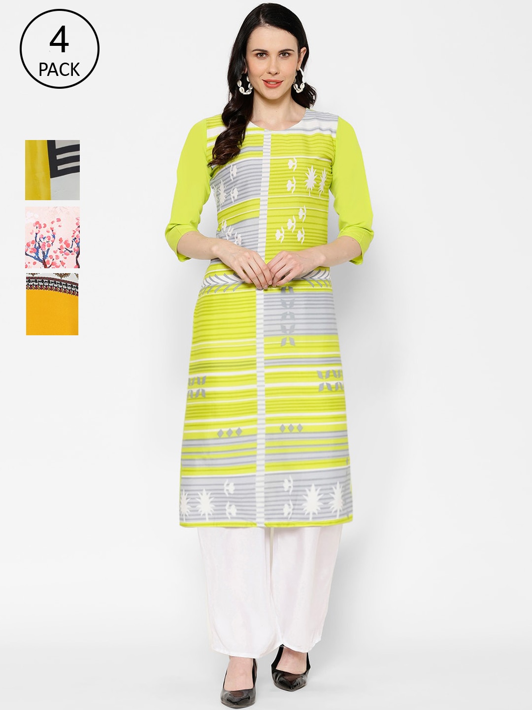 

7Threads Pack Of 4 Multicoloured Ethnic Motifs Striped Crepe Kurta, Multi