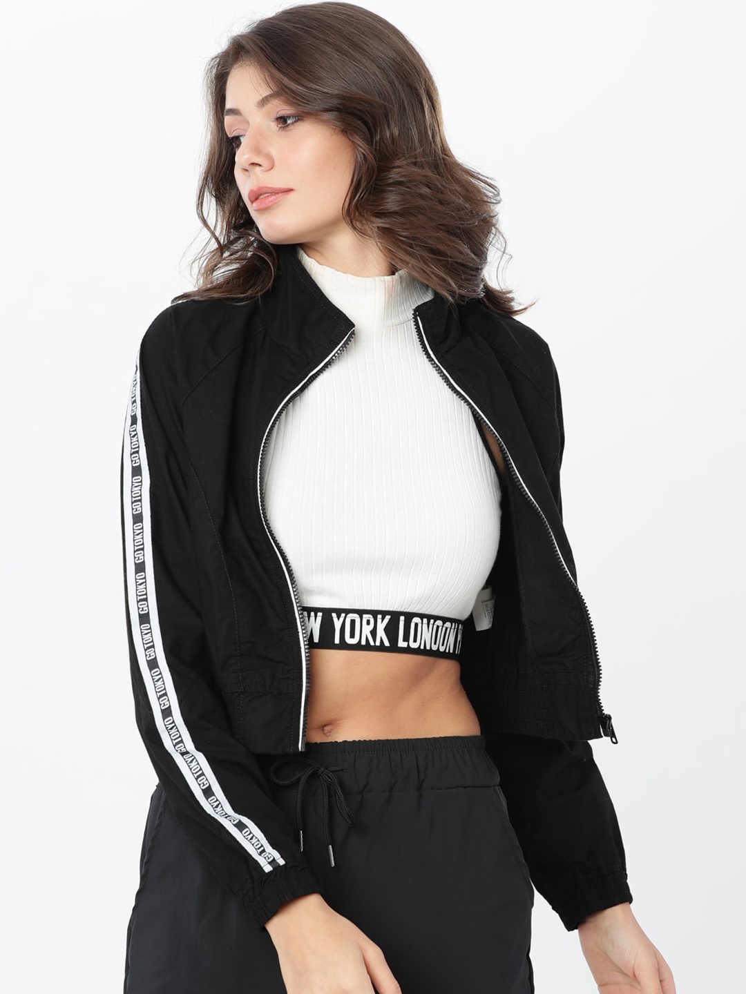 

Tokyo Talkies Women Black Printed Bomber Shacket