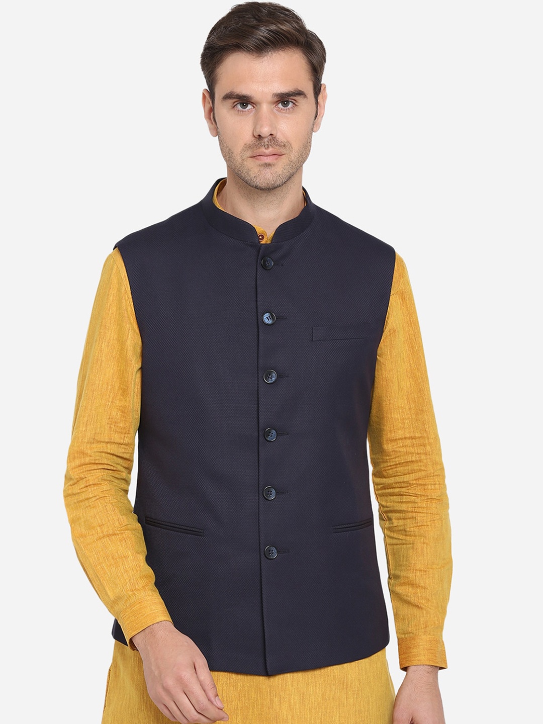

Greenfibre Men Blue Woven Design Nehru Jacket